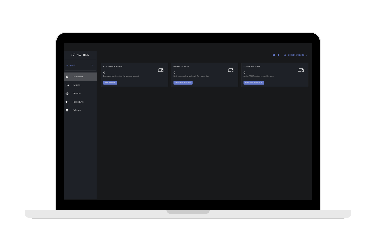 Figure 3. shows ShellHub dark theme dashboard open on a laptop