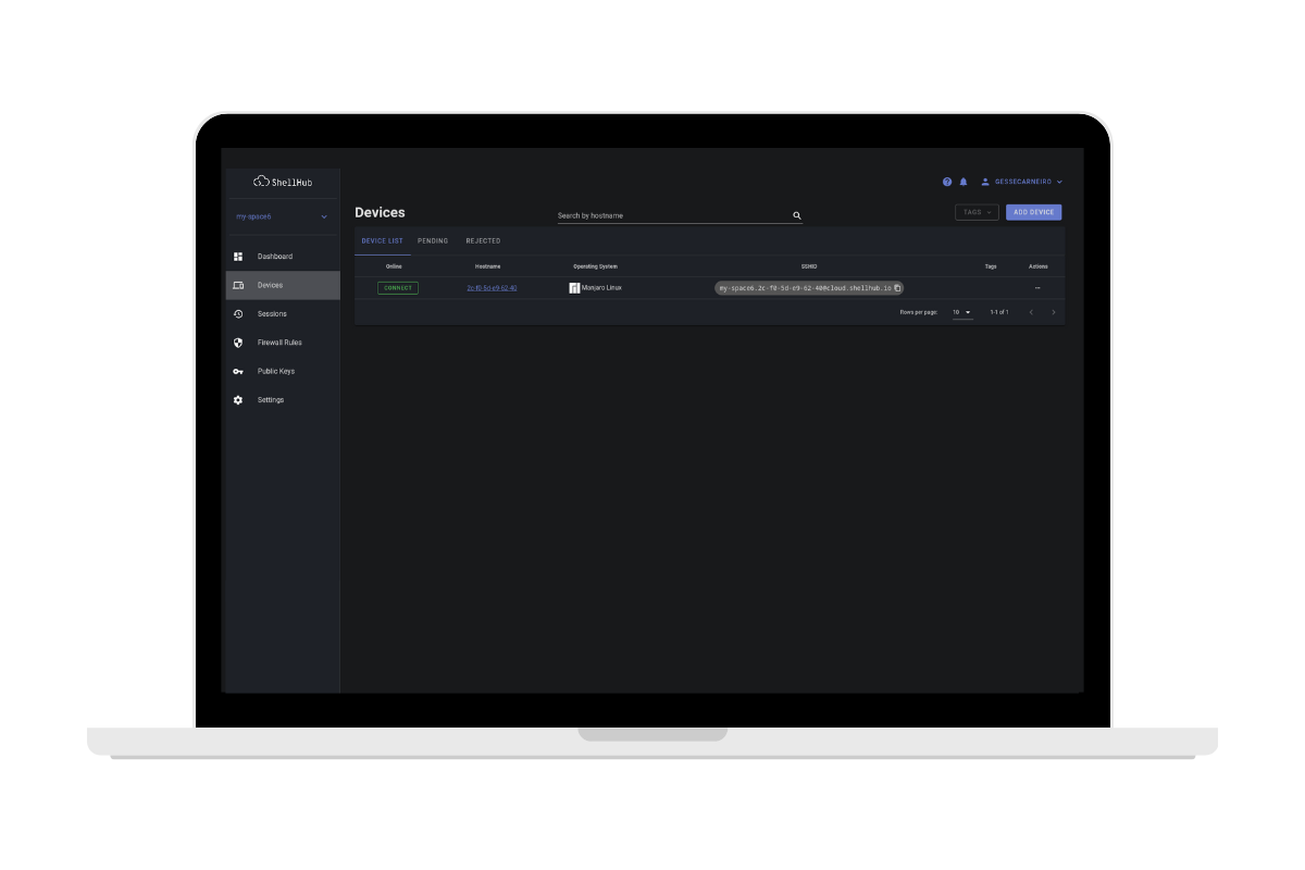 Figure 4. shows ShellHub dark theme dashboard open on a laptop in the devices list section