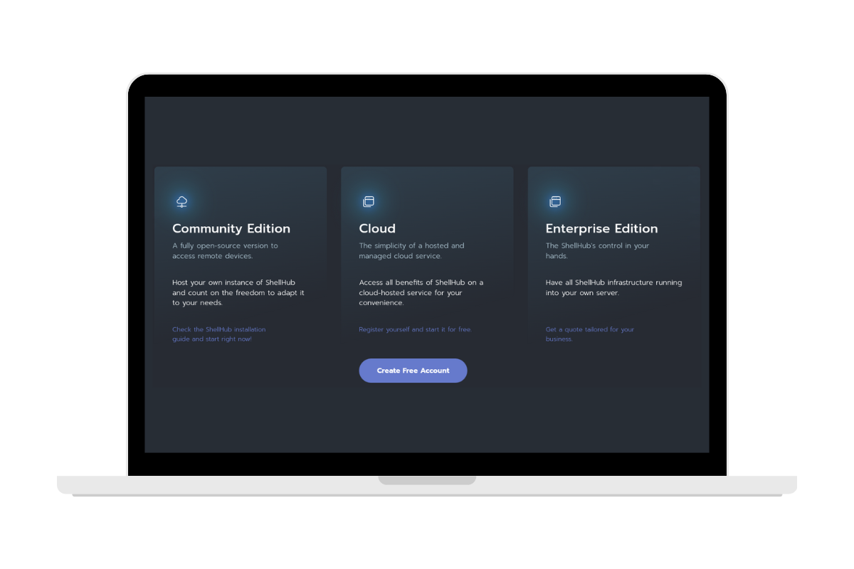 Figure 7. shows a laptop open in the three ways to get started section on ShellHub 