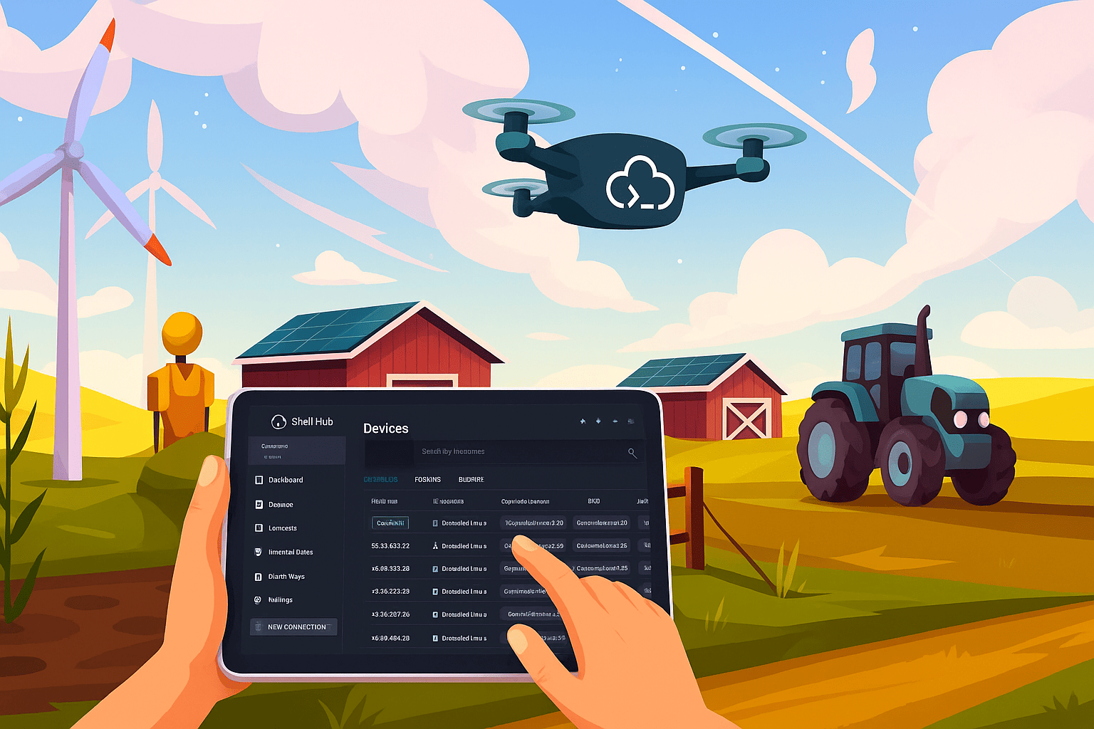 Tablet showing ShellHub dashboard on a smart farm with drone, tractor, wind turbines, and solar-powered barns