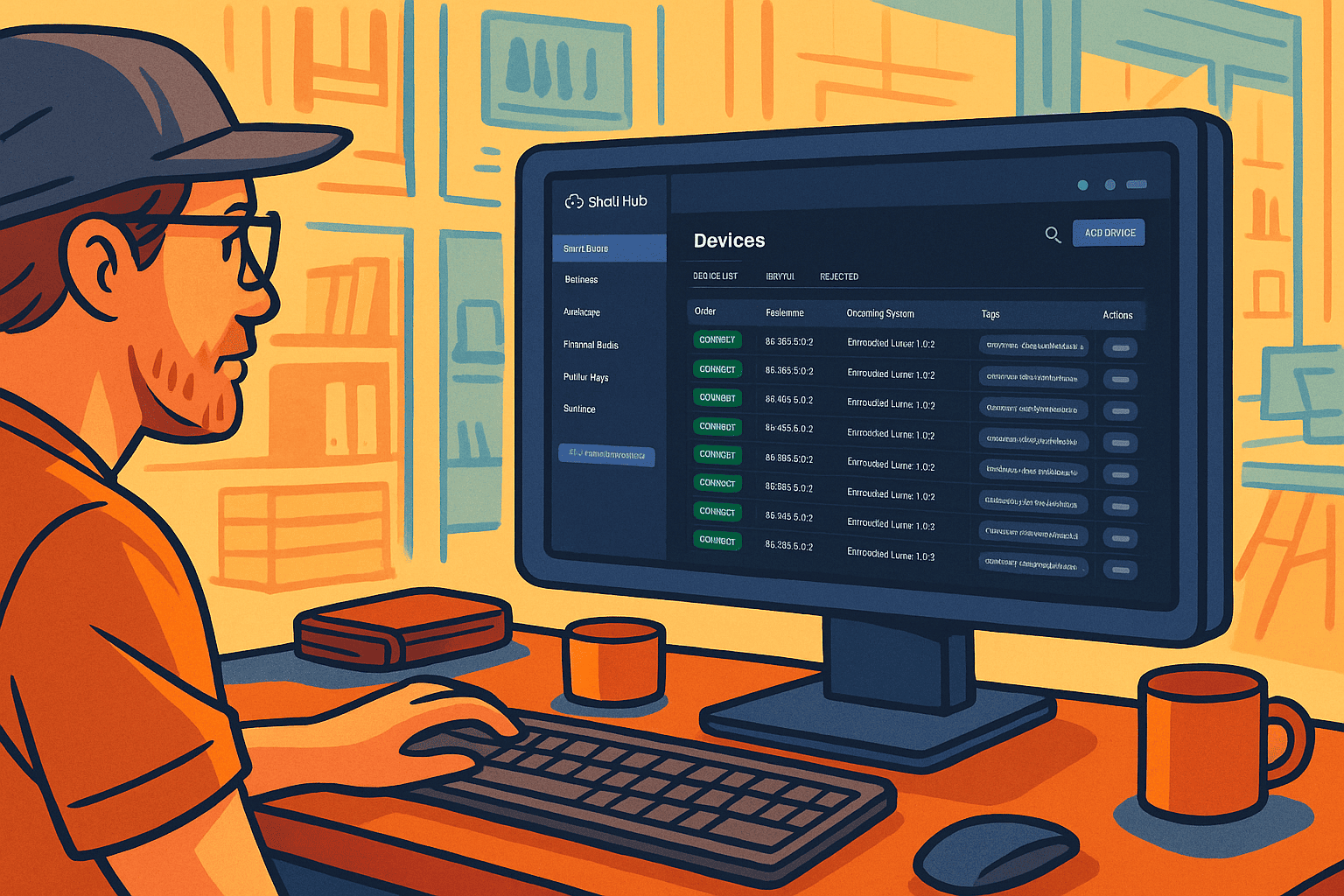 Illustration of a developer using ShellHub on a desktop to manage remote industrial devices.
