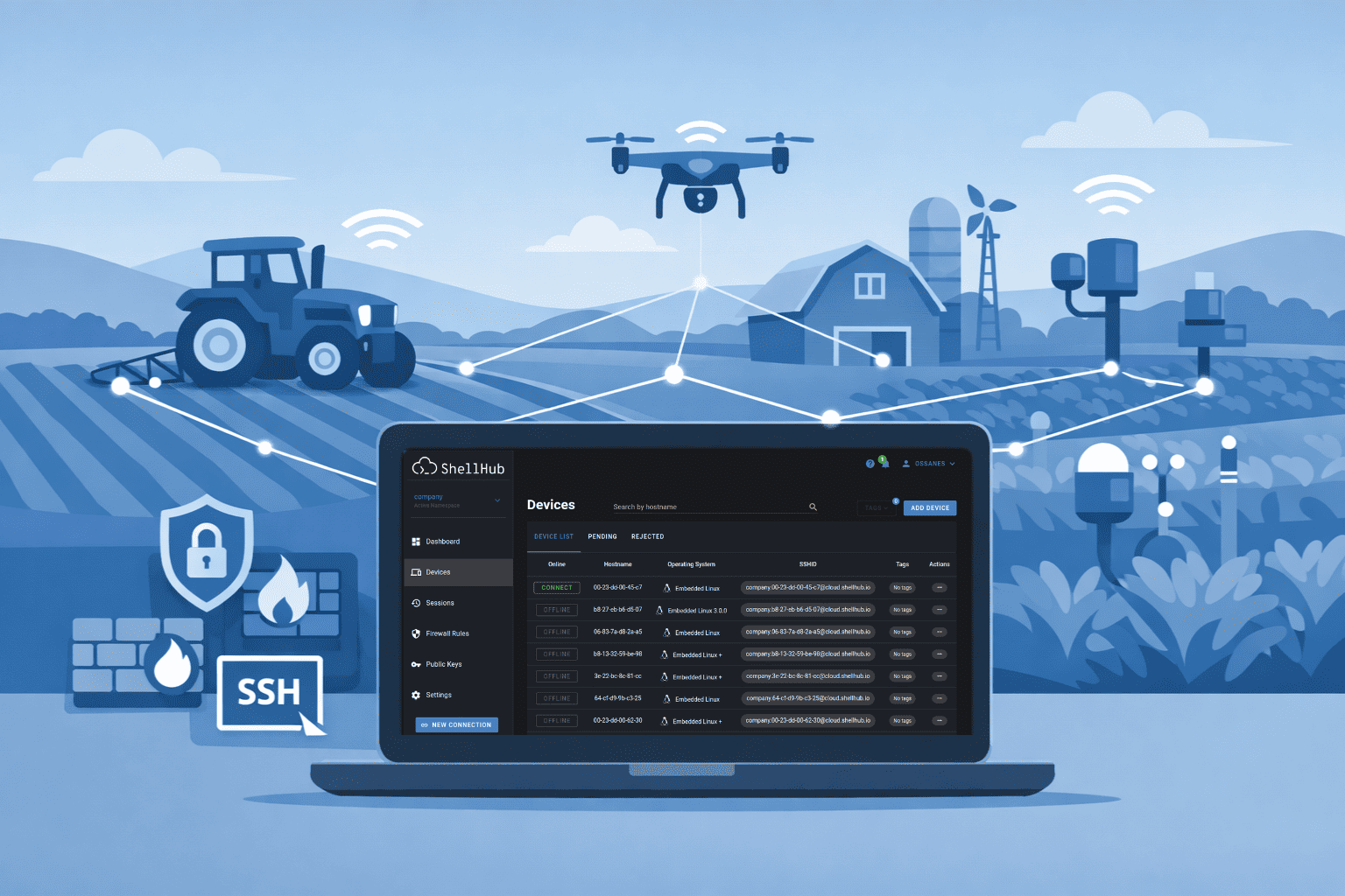 Digital illustration of a laptop running an SSH session connected to agricultural IoT devices like drones and sensors..