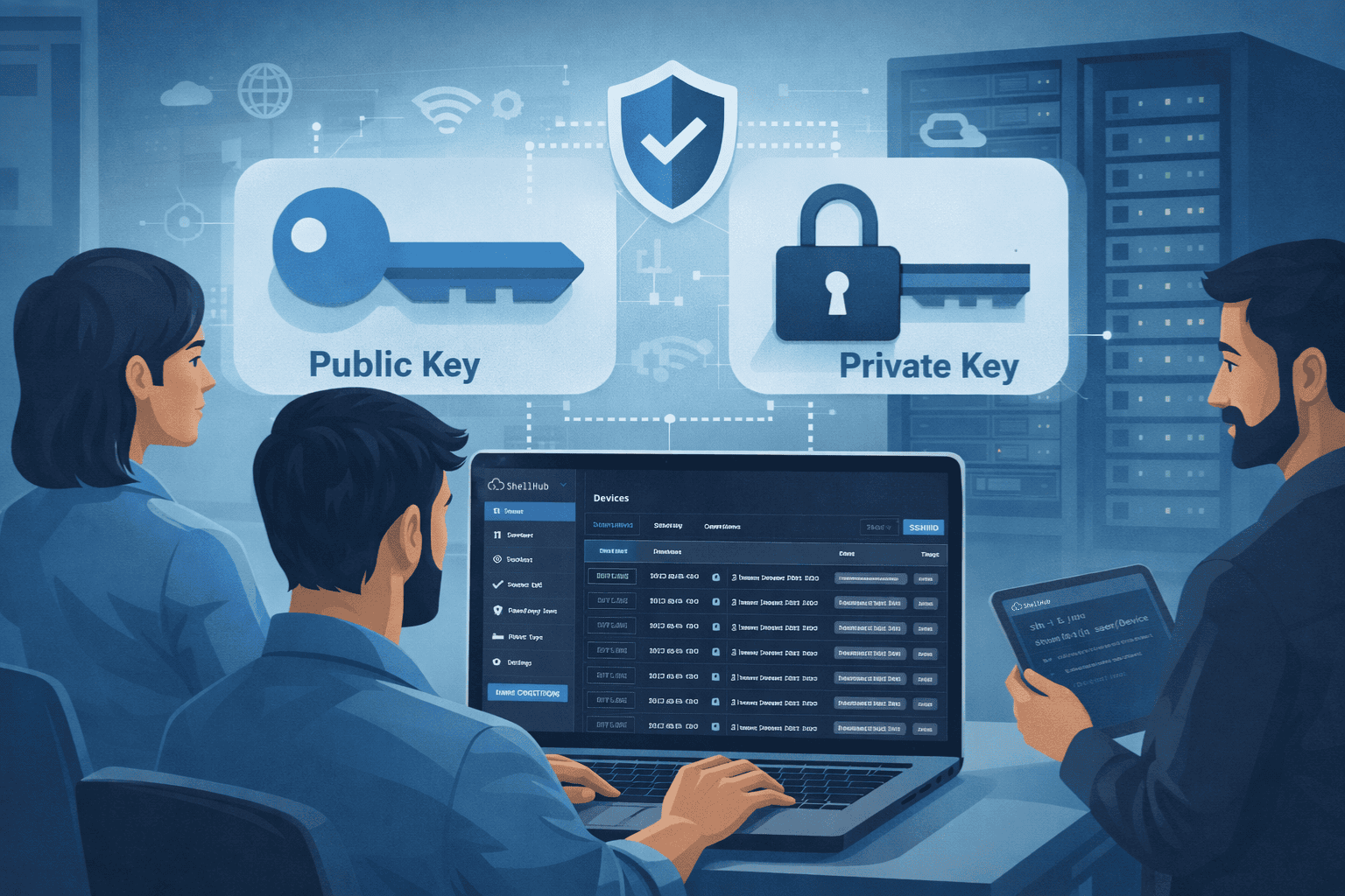 Illustration of engineers managing SSH public and private keys using the ShellHub dashboard.