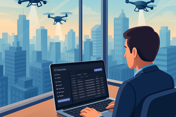 Professional using ShellHub to manage urban drones from a high-rise office overlooking the city