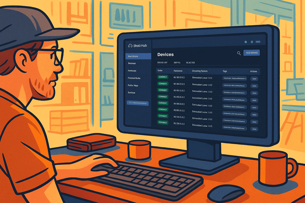 Illustration of a developer using ShellHub on a desktop to manage remote industrial devices.