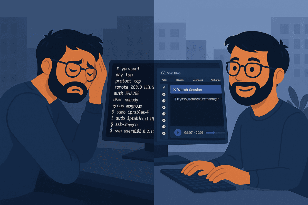 Side-by-side illustration of a developer frustrated with manual VPN setup, then happy using ShellHub's session interface.