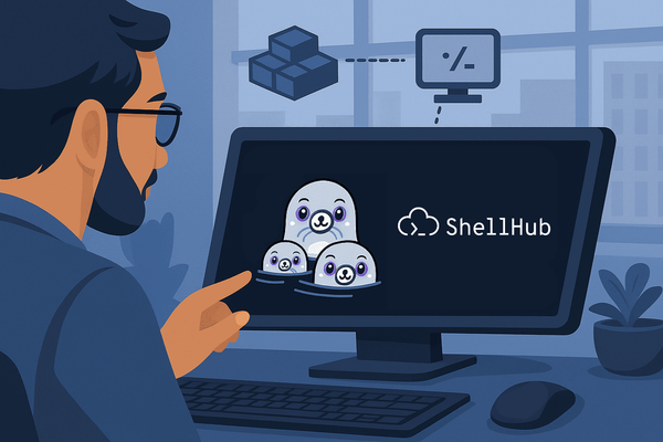 Developer managing remote Linux devices using ShellHub and Podman in a modern workspace.