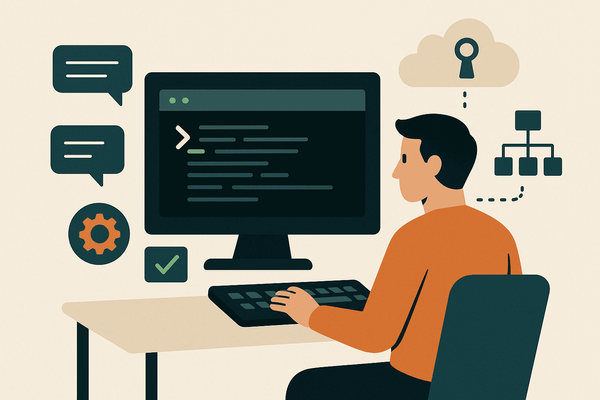 Developer at a desk using a terminal, with icons for security, networking, and automation around the screen.