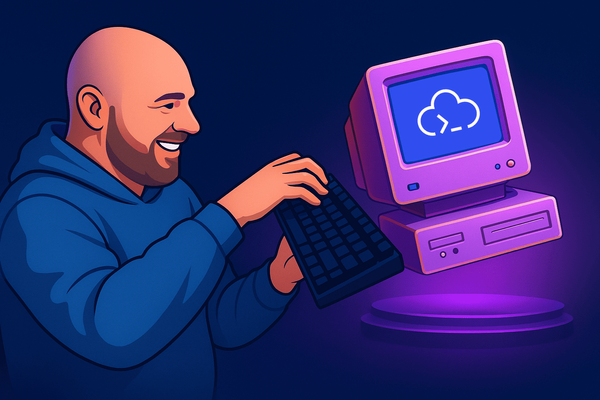 A developer using an external keyboard to interact with a floating retro-style computer displaying ShellHub icon.
