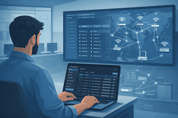 Technician using ShellHub dashboard on a laptop to manage remote network devices in a telecom operations center.